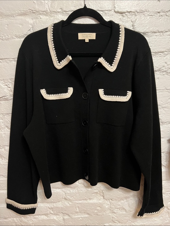 Sezane Sweaters - Sezane Black Cropped Cardigan with Cream Trim